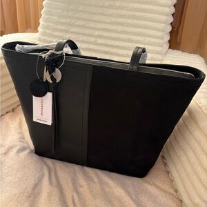 Lucky Brand Black Suede and Leather Tote with Charm, 17 inches x 10.5.